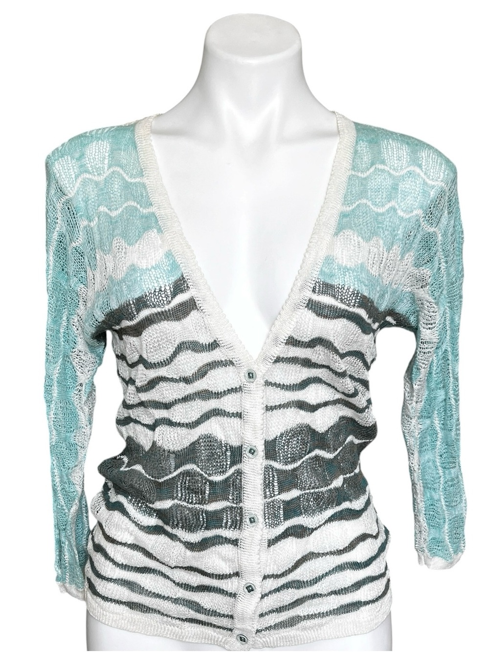 Pale Teal Grey Striped Open-Knit Cardigan Charlie & Robin Linen Cotton Size Med